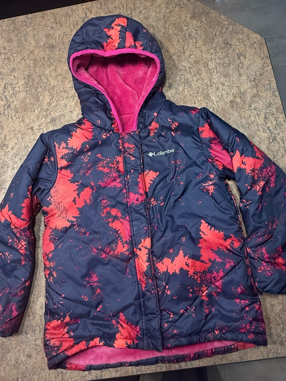 Columbia Kids Hooded Puffer Jacket in Navy with Pink Splash
